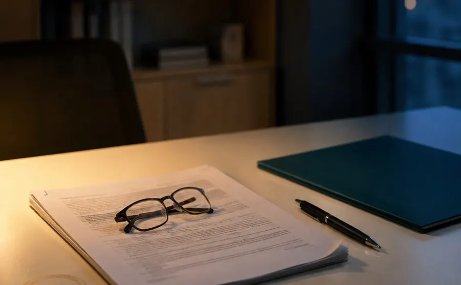 A consultant's desk with a printed report and reading glasses